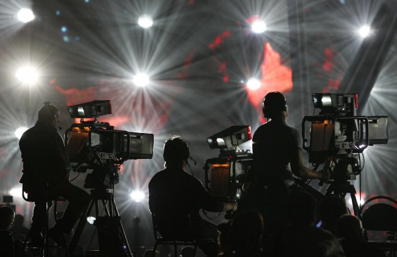 Cameramen film a rehearsal for the Eurovision Song Contest in Moscow